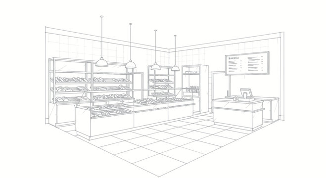 Detailed Sketch of a Modern Supermarket Interior Layout.