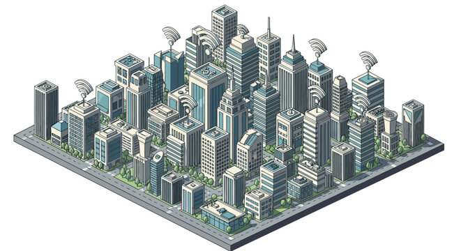 3D isometric illustration of a modern cityscape with skyscrapers and urban landscape.