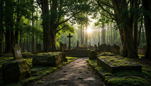 Alter moosbedeckter Friedhof im Wald mit historischen Grabsteinen und Sonnenstrahlen durch die B&auml;ume