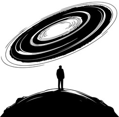 Man Silhouette Looking at a Giant Swirling Galaxy in Black and White Vector Illustration © Rezowan 
