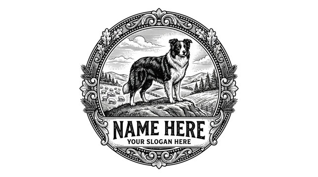Vintage Border Collie Logo with Rustic Landscape