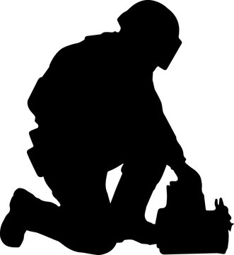 Black Silhouette of a Kneeling Professional Worker Using a Chainsaw Woodcutter or Rescue Team Vector Illustration