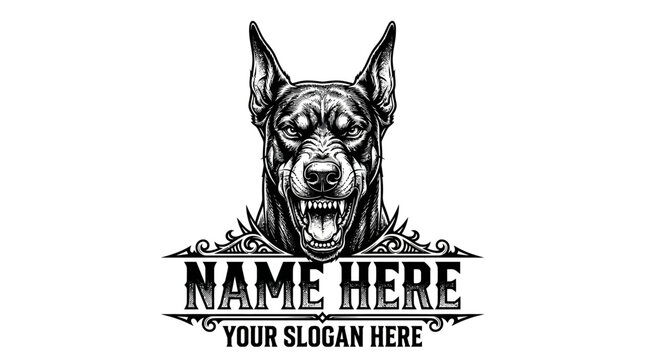 Intimidating Doberman Dog Head Logo with Name and Slogan Space