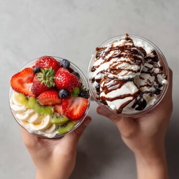Two plastic cups with fruit salad and vanilla ice cream held in hands