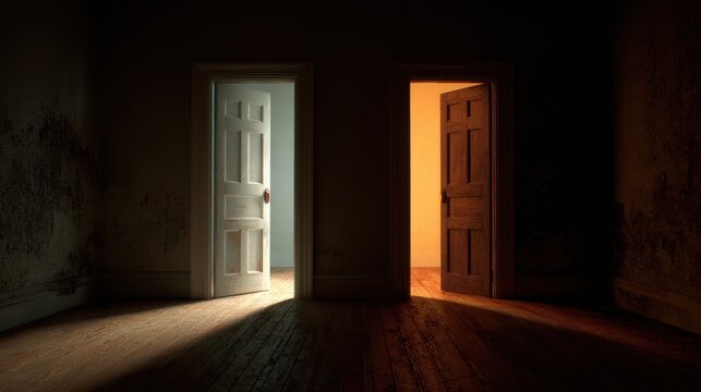 Two open doors in a dark room with contrasting blue and orange light