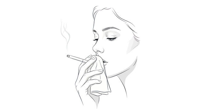 Elegant Woman Smoking Cigarette with Smoke Wisps, Minimalist Line Art Portrait
