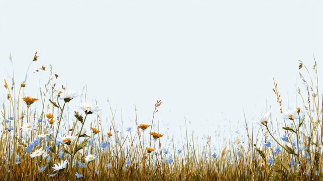 Watercolor illustration of wild daisy flowers and meadow grass on white background