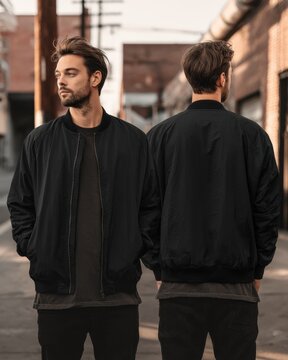 Young man wearing black bomber jacket in front and back view