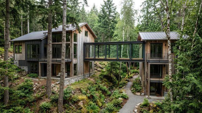 Modern split level house with glass bridge in a serene forest setting with wood and stone exterior
