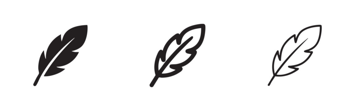 Feather icon set for design projects and historical concepts, featuring solid, bold outline, and thin outline styles.