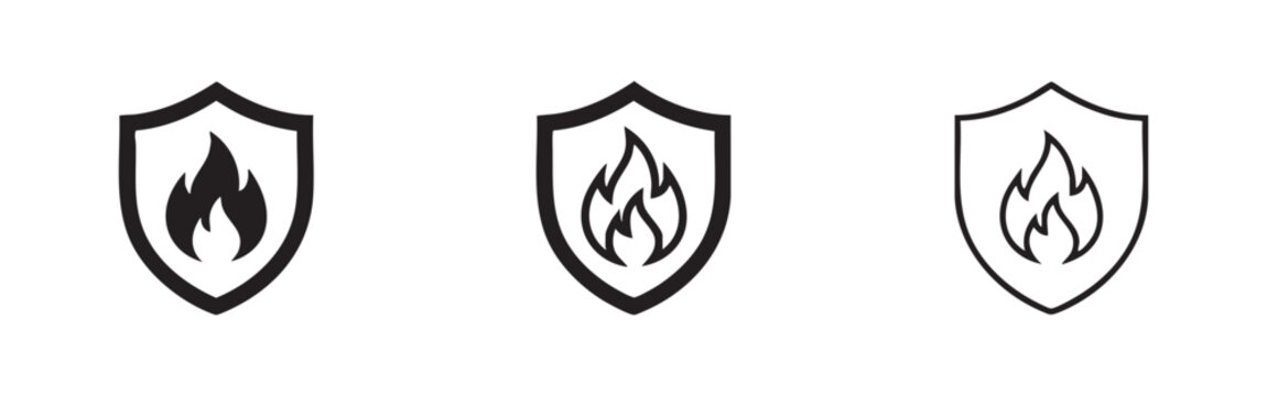 Fire protection shield icon set, for safety, security, and emergency warning symbols