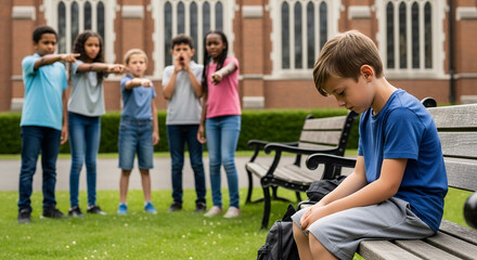 Fototapeta premium Kids School Child Being Bullied by Classmates, Social Exclusion and Childhood Mental Health Awareness Concept