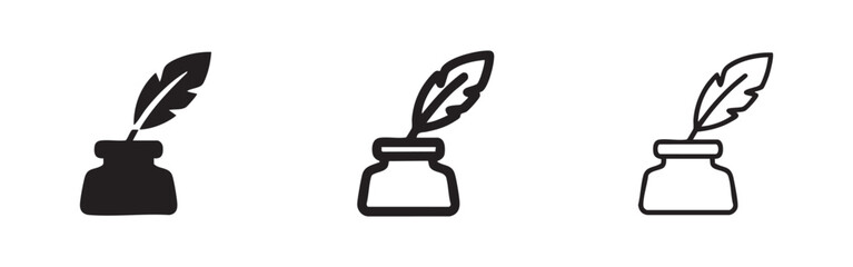 Inkwell with feather pen icons set. Writing and calligraphy symbol illustration, suitable for historical themes or author branding. © liubomir118809