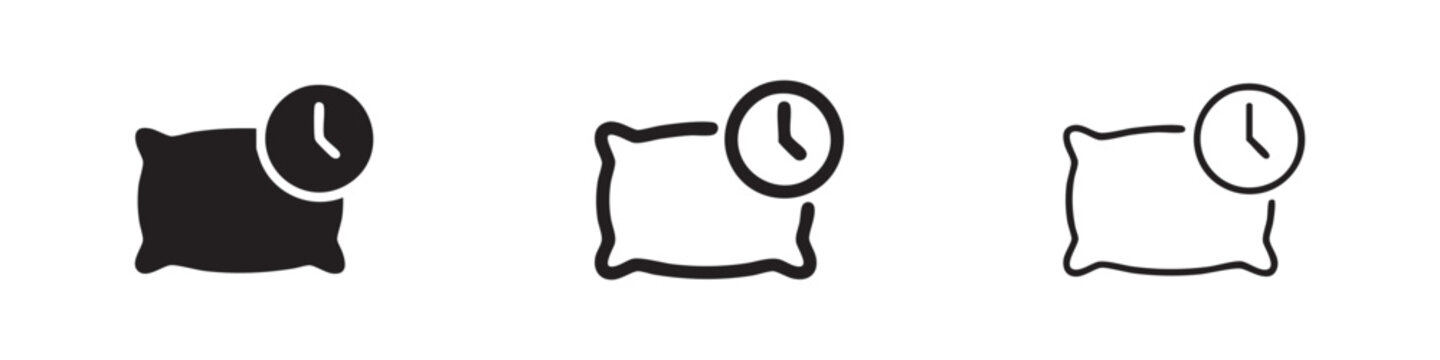 Pillow and clock icon set. Sleep time, bedtime schedule, rest reminder graphic.