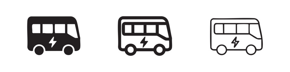Electric bus icon set with lightning bolt symbol in filled, doodle, and outline styles. Vector illustration for sustainable transport. © liubomir118809