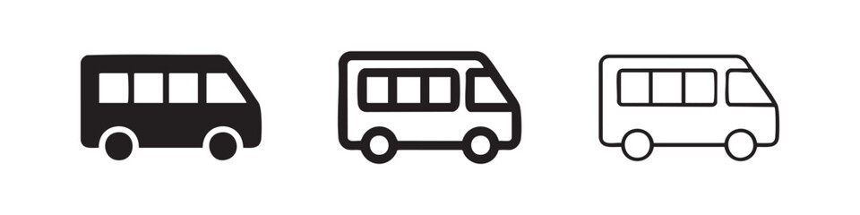 Mini bus or shuttle van icon set in filled, doodle, and outline styles. Vector illustration for smaller public transport or group travel. © liubomir118809