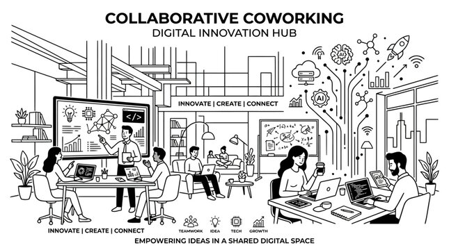 People working in a collaborative coworking digital innovation hub.