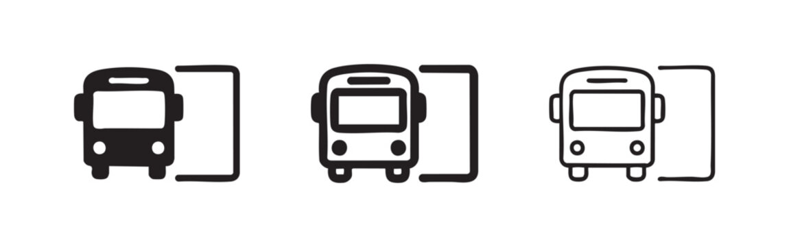 Bus stop or bus station icon set with front view of a bus. Vector illustration for public transport, travel, or parking.