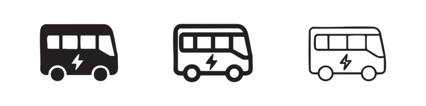 Electric bus icon set with lightning bolt symbol in filled, doodle, and outline styles. Vector illustration for sustainable transport.