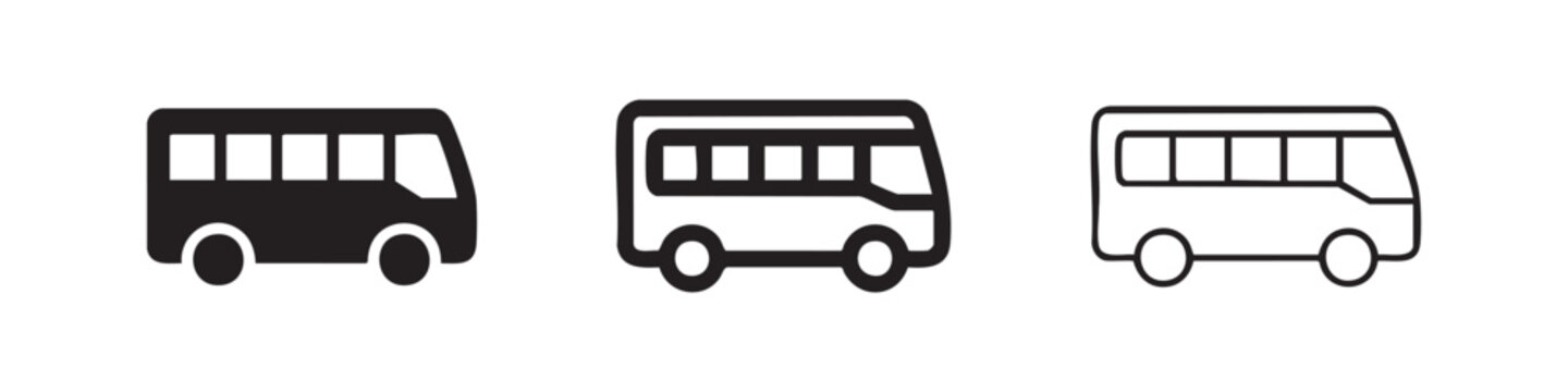Generic mini bus or passenger van icon set in filled, doodle, and outline styles. Vector illustration for small group transport.