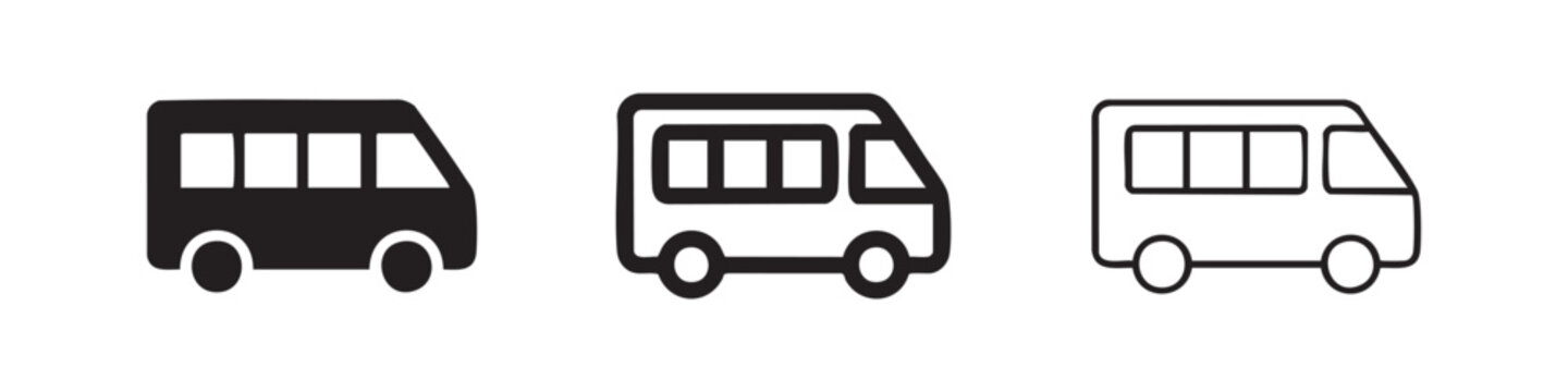 Mini bus or shuttle van icon set in filled, doodle, and outline styles. Vector illustration for smaller public transport or group travel.