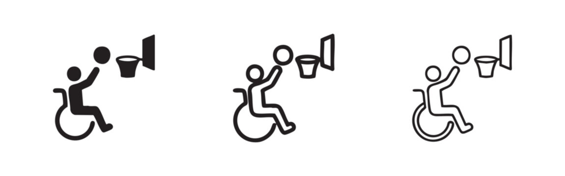 Wheelchair basketball icon set. Disabled person playing sports symbol.