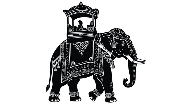 Indian elephant howdah ride illustration black and white vector graphic