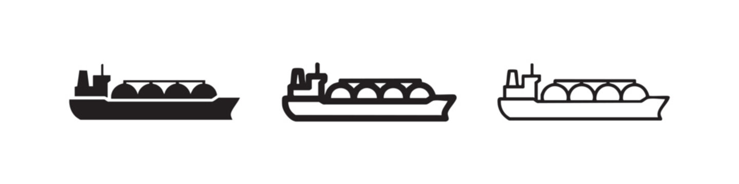LNG carrier ship icon set, liquefied natural gas tanker symbols, varied styles