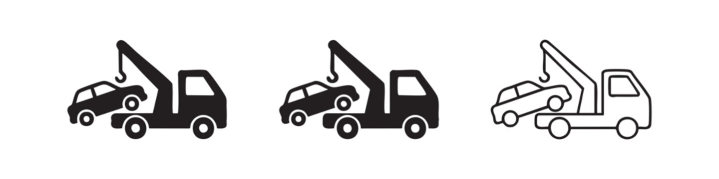 Tow truck icon set, car towing and roadside assistance symbols