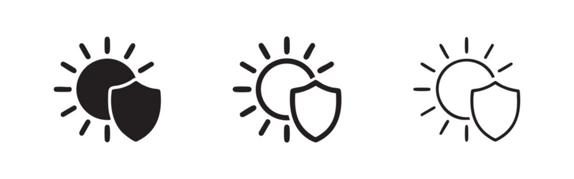 Sun protection icon set, shield and sun symbols for safety and sunscreen