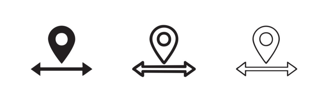 Location distance icon set, map pin with measurement arrows for proximity or range.