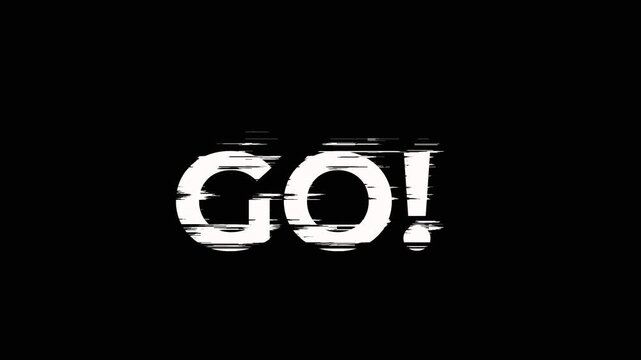 3 Seconds Glitch Countdown with GO Text Animation. Digital Timer Overlay with Transparent Background and Alpha Channel in 4K