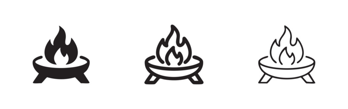 Fire pit icon set, symbol for outdoor gatherings, camping, or cozy evenings.