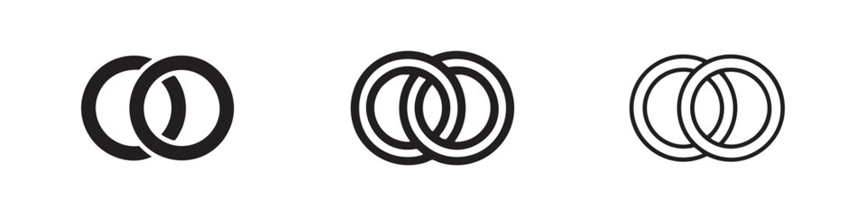 Naklejka na ściany i meble Interlocking rings icon set, connected circles symbol for unity or marriage in solid, outlined, and thin-lined styles
