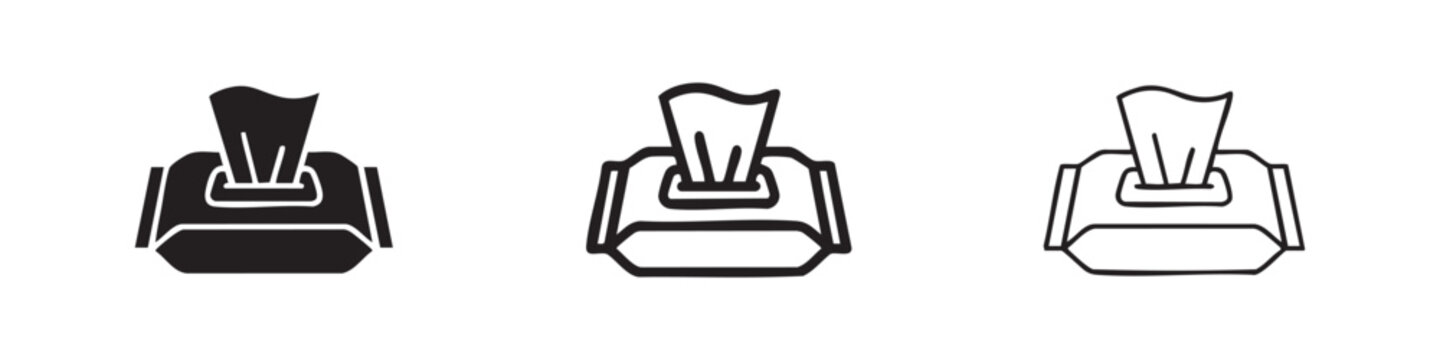 Wet wipes box icon set, baby or disinfectant wipes package symbol in solid, outlined, and thin-lined styles