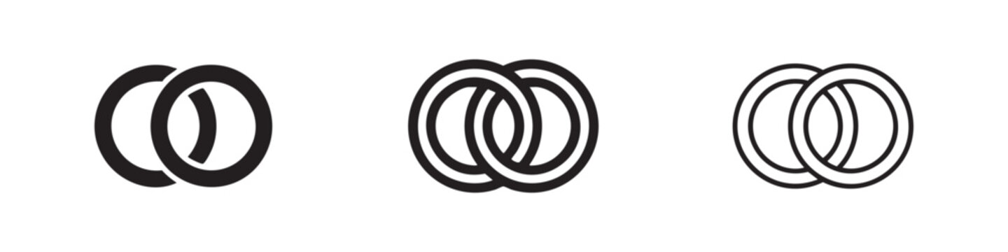 Interlocking rings icon set, connected circles symbol for unity or marriage in solid, outlined, and thin-lined styles