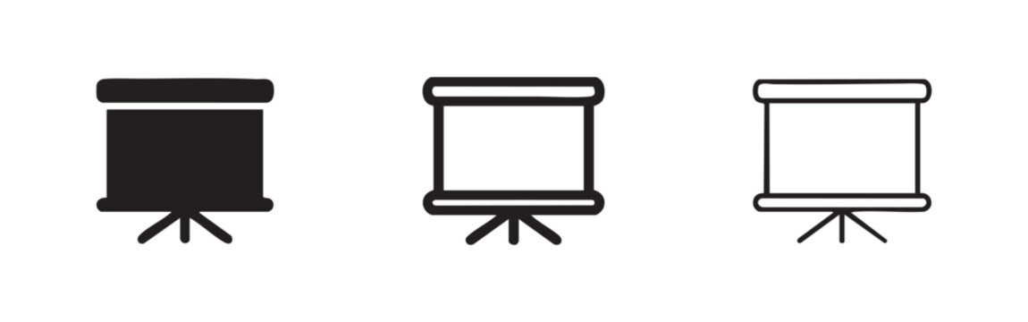 Presentation screen stand icon set, projector display symbol for meetings in solid, outlined, and thin-lined styles