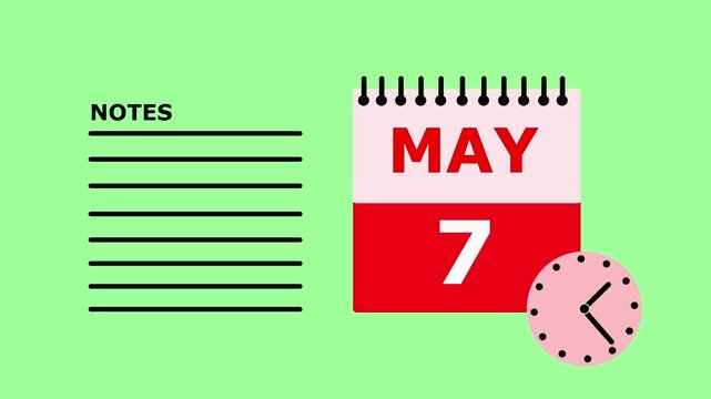 May 7 Calendar Page with Notes Section on Green Background date month.