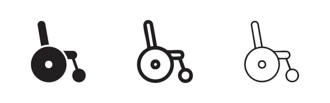 Wheelchair icon set, disability mobility aid symbol in solid, outlined, and thin-lined styles