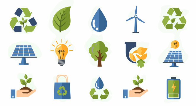 A collection of icons representing environmental sustainability, renewable energy, and conservation efforts.