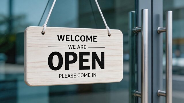 Wooden open sign hanging on glass door, welcome message inviting customers inside, small business storefront entrance ready for visitors and clients during operating hours