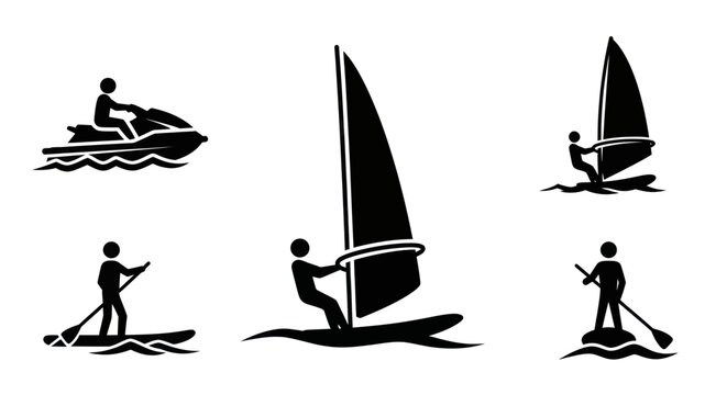 Water Sports Icons: Jet Ski, Windsurf, Paddleboard, Sailboat, Kayak