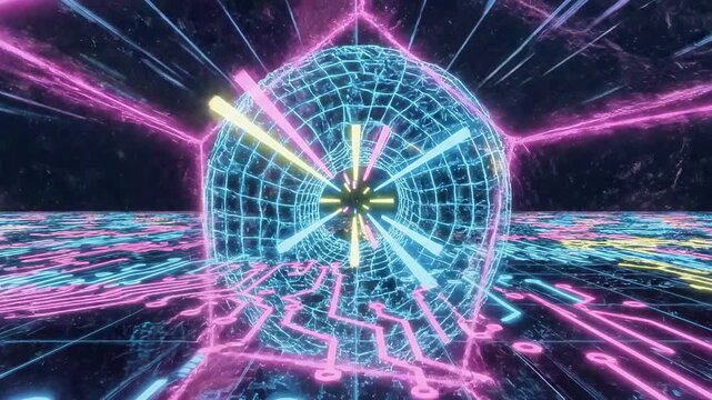 A futuristic digital landscape with neon-lit geometric shapes and circuit-like lines
