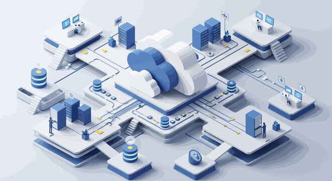 Isometric illustration of a futuristic data center with servers and technology infrastructure.