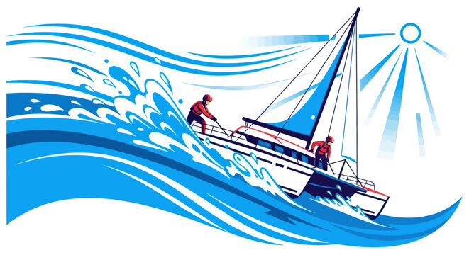 Catamaran Sailing Adventure on Sunny Day with Big Waves