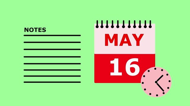 Calendar page showing May 16th with notes section on green background date.