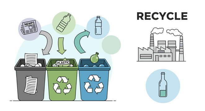 Illustration showing different types of waste being sorted into recycling bins for environmental protection and industrial processing.