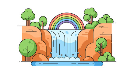 Fototapeta premium A vibrant, stylized illustration of a waterfall cascading down rocky cliffs with a rainbow arching over the top, surrounded by lush green trees.
