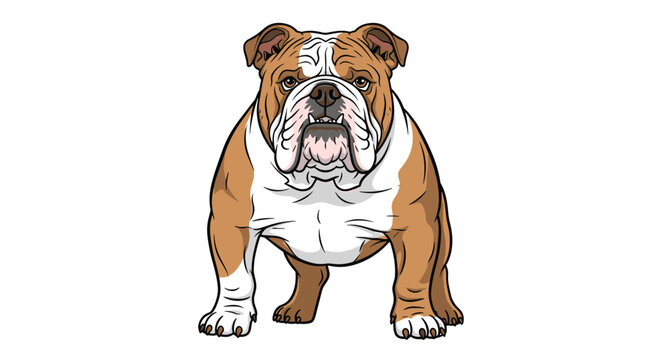 Sturdy and muscular bulldog is illustrated from a front view showing its characteristic wide stance and facial folds.