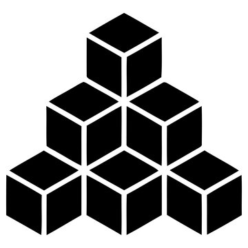 Minimalist vector graphic illustration featuring a stacked pyramid of six solid black cubes arranged in a geometric formation for modern business logo design projects